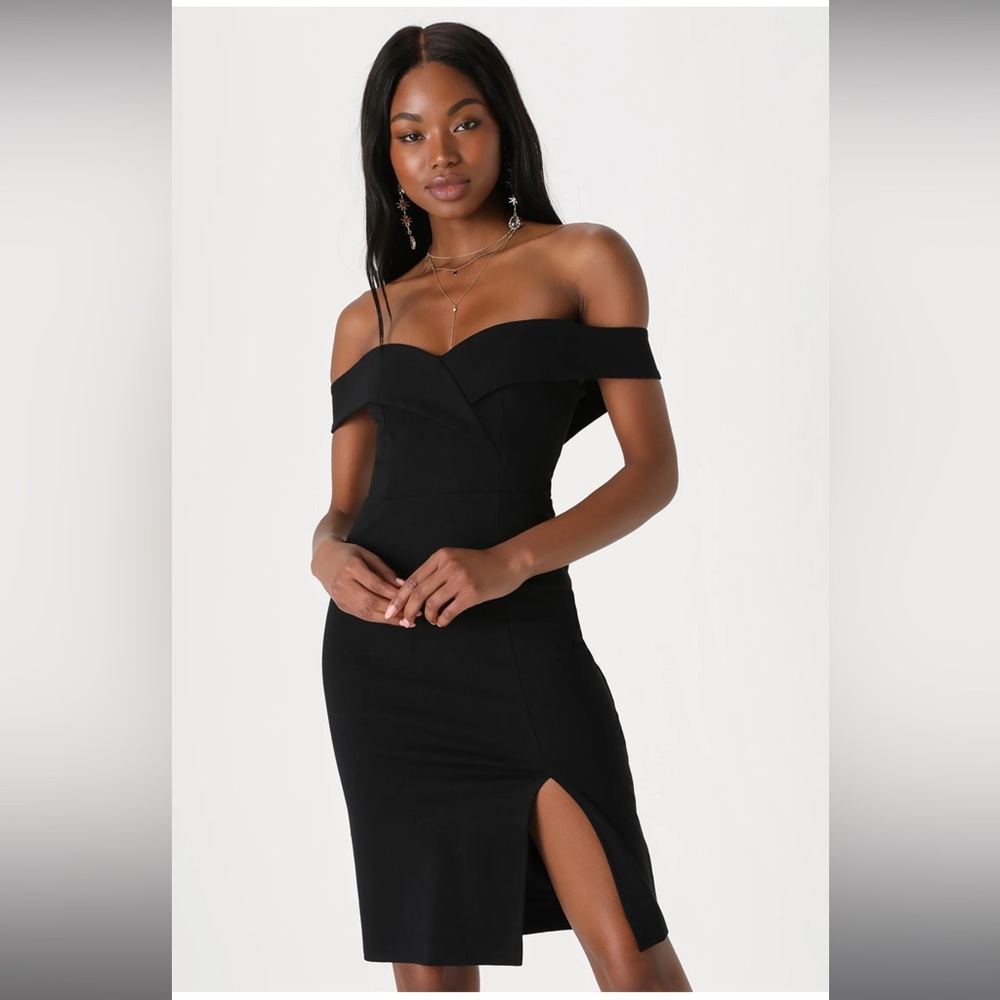 Lulus Classic Glam Black Off-the-Shoulder Bodycon Dress NWT